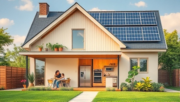 A modern, eco-friendly home powered by solar panels, with a family happily using energy-efficient appliances and enjoying the sustainable lifestyle, showcasing the benefits of sustainable energy practices.