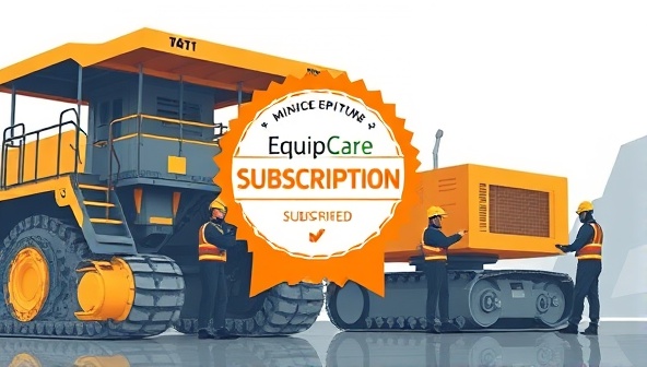 An illustrative depiction of a mining equipment maintenance team performing proactive checks and repairs on heavy machinery, with a subscription badge symbolizing the ongoing service relationship and reliability offered by EquipCare Subscription for mining equipment maintenance.