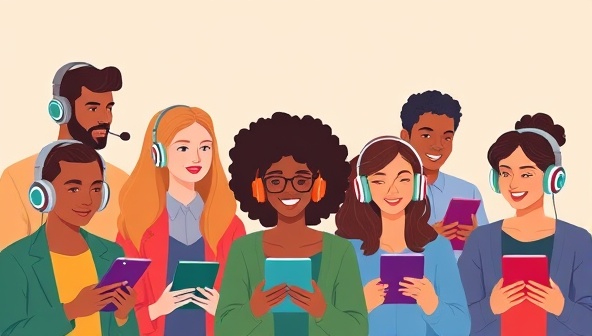 An illustration of diverse individuals wearing headphones and engaging with various real estate podcast episodes on different devices, symbolizing the network's reach and audience engagement.