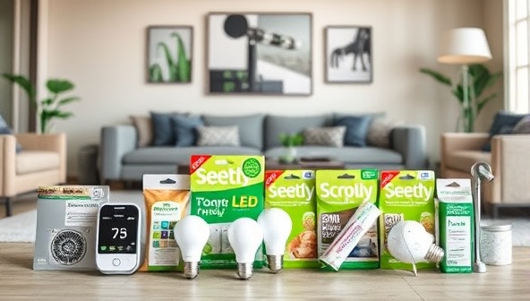 A set of neatly organized eco-friendly home improvement products including smart thermostats, LED bulbs, weather-stripping materials, and low-flow showerheads, displayed in a modern living room setting, highlighting energy-saving solutions for a greener home environment.