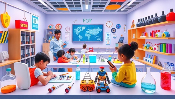 An imaginative and colorful virtual STEM lab setting with kids exploring robotics, coding, and experiments under the guidance of enthusiastic instructors, highlighting the fun and educational environment created by STEM Stars Academy.