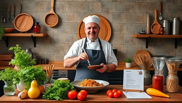 An online culinary class setup featuring a chef demonstrating a traditional dish from a global cuisine, surrounded by cooking ingredients, kitchen utensils, and digital recipe cards, creating an immersive culinary experience for users to explore international flavors and cooking techniques.