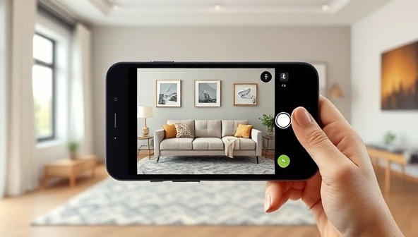An interactive AR app projecting a virtual sofa into a real living room setting through a smartphone screen, illustrating the seamless integration of AR product visualization on websites.