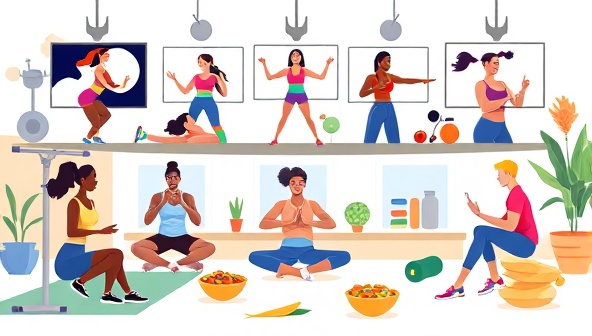 A dynamic digital illustration featuring a diverse group of individuals engaged in virtual fitness classes, surrounded by fitness equipment, healthy snacks, and nutritional guides, with vibrant colors and energetic poses, conveying a sense of motivation and empowerment in achieving fitness goals through the FitFuel Hub platform.