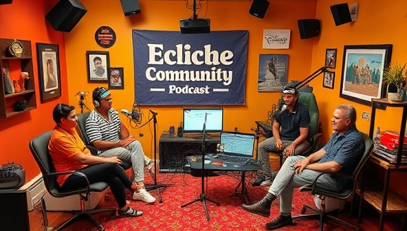 A vibrant podcast studio setup showcasing a diverse group of hosts recording a niche community podcast episode, surrounded by themed decorations, community memorabilia, and engagement tools like live chat interactions, conveying the inclusive and community-driven spirit of EchoVerse Studios in producing specialized podcast content for niche audiences.