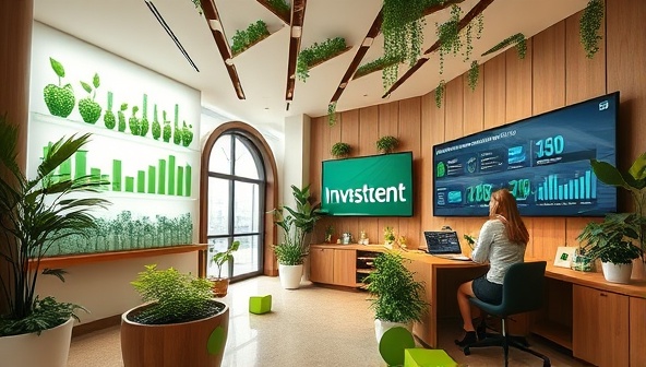 An eco-friendly investing hub with modern and sustainable design elements, showcasing green investment options, digital screens displaying impact metrics, and advisors engaging with clients on sustainable investing strategies, reflecting a commitment to financial growth and positive change.