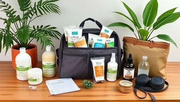 An eco-friendly travel pack displayed on a wooden table, showcasing biodegradable toiletry containers, reusable packing cubes, and organic travel-sized products, surrounded by lush greenery and sustainable travel accessories, promoting eco-conscious travel practices.