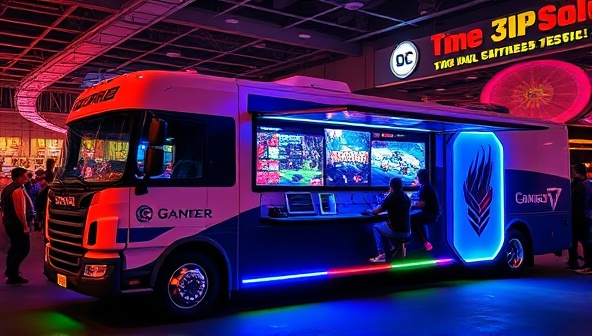 A vibrant and exciting image of a mobile gaming truck parked at a lively event venue, with colorful LED lights, gaming consoles visible through the windows, and enthusiastic players inside enjoying multiplayer games, capturing the essence of on-the-go gaming entertainment with GameWheels On-The-Go.