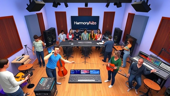 A virtual music studio setup with avatars playing instruments, recording vocals, and mixing tracks in a collaborative music production session, surrounded by digital music equipment, soundboards, and a virtual audience enjoying the harmonious music creations, capturing the collaborative and creative spirit of HarmonyHub's online music collaboration platform.