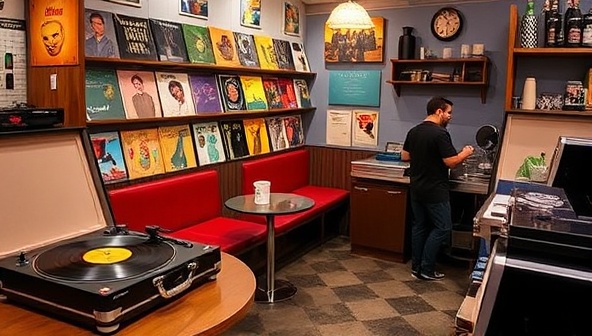 A retro-styled cafe interior with cozy seating areas, a vintage record player spinning vinyl records, shelves filled with colorful record sleeves, and a barista crafting artisanal coffee drinks, capturing the nostalgic charm and musical ambiance of RetroGroove Cafe.