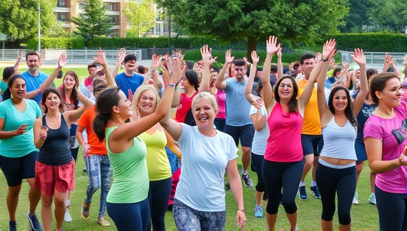 An energetic group of people of all ages and fitness levels participating in a FitMob session in a vibrant park setting, with colorful workout gear, cheering, and high-fives, capturing the spirit of community fitness and fun.