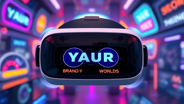 An immersive VR headset displaying a vibrant, futuristic brand environment with interactive elements and engaging visuals, illustrating the captivating and innovative nature of VR Brand Worlds.