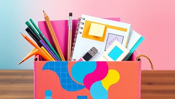A vibrant and colorful box filled with design tools, sketchbooks, post-it notes, and a USB drive, symbolizing creativity and innovation in web design education.