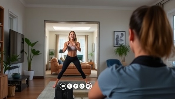 An energetic virtual fitness session with a trainer guiding a user through exercises via a video call, showcasing a dynamic and interactive workout experience from the comfort of home.