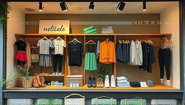 An inviting storefront display showcasing a range of eco-friendly fitness gear made from recycled materials, sustainable fabrics, and biodegradable packaging, exuding a fresh and modern aesthetic that appeals to environmentally conscious shoppers and fitness enthusiasts.