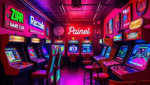 A vibrant retro gaming lounge setting with neon lights, vintage arcade machines, old-school consoles, and gaming memorabilia adorning the walls, creating a nostalgic and immersive gaming experience for patrons at RetroPlay Haven, where every game tells a story of gaming history.