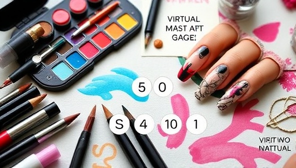 An eye-catching visual representation of NailCanvas Academy's virtual nail art masterclass, featuring a palette of vibrant nail polish colors, nail art tools, and intricate nail designs showcased on a digital canvas, inspiring creativity and artistic expression.