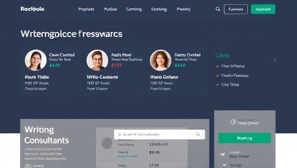 An online marketplace interface displaying profiles of writing consultants with expertise areas, client testimonials, and booking options, illustrating a professional and user-friendly platform for writer-consultant interactions.