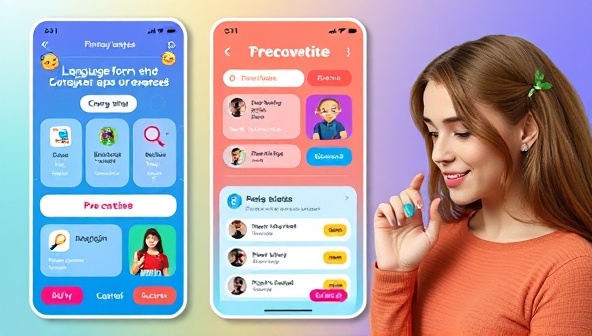 A vibrant and dynamic app interface showcasing different language lessons and interactive exercises, with a user engaging with the pronunciation feedback feature, reflecting the app's user-friendly and innovative approach to language learning.