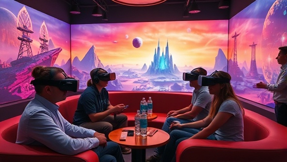 An inviting and futuristic lounge setup with individuals wearing VR headsets, surrounded by vibrant digital landscapes and gaming animations, capturing the essence of an immersive VR experience.