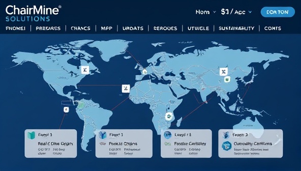A visual representation of the ChainMine Solutions platform interface displaying a transparent and interconnected supply chain map with real-time data updates, product origins, and sustainability certifications, emphasizing the reliability and ethical standards of the blockchain-based supply chain management solution.