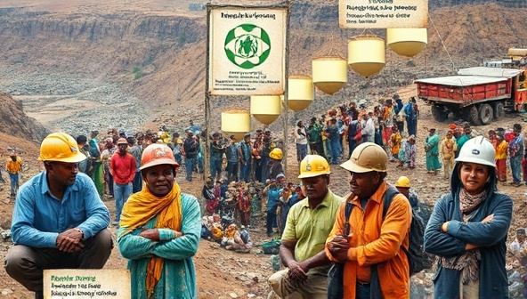 An engaging poster design featuring diverse artisanal miners attending training sessions on safety, sustainability, and business skills, set against a backdrop of a vibrant mining community, symbolizing empowerment and progress in the artisanal mining sector.