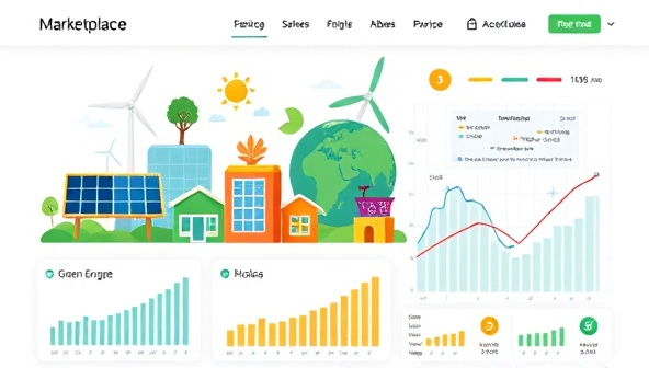 A vibrant digital marketplace interface featuring colorful icons representing solar panels, wind turbines, and green energy sources, with graphs showing energy trading trends and a globe symbolizing global impact, conveying a dynamic and eco-friendly marketplace.