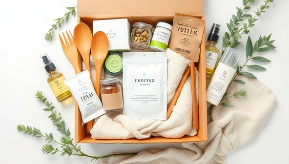 An aesthetically pleasing flat lay of the subscription box contents, featuring a mix of sustainable products like bamboo utensils, organic cotton items, and plant-based skincare, arranged artfully to convey eco-consciousness and modernity.
