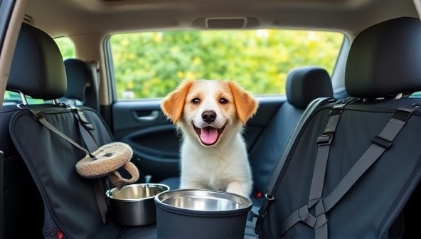 An adorable image featuring a happy dog peeking out of a car window surrounded by pet-friendly car accessories like seat covers, travel bowls, and safety harnesses, conveying joy and comfort in pet travel experiences.