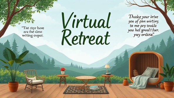 An artistic representation of a virtual writing retreat setting with serene nature scenes, cozy writing nooks, and inspirational quotes, inviting writers to immerse themselves in a tranquil and creative environment during the online retreat experience.