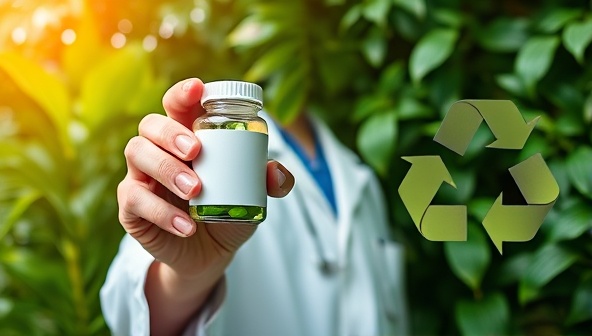 An image of a pharmacist holding a biodegradable pill bottle against a backdrop of lush greenery and recycling symbols, symbolizing sustainability and eco-consciousness in pharmaceutical packaging.