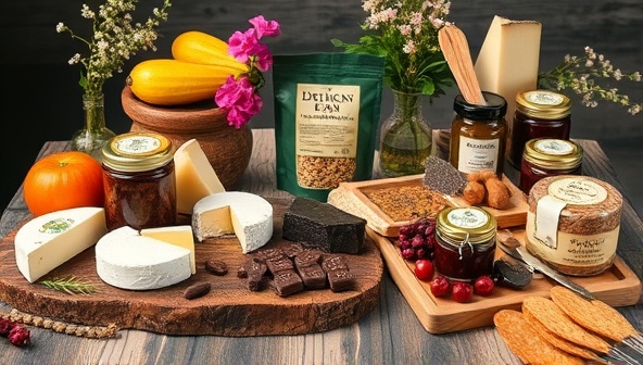 An enticing spread of artisanal food products like gourmet cheeses, handcrafted chocolates, artisanal jams, and specialty snacks, arranged on a rustic wooden table with fresh produce and floral accents, evoking a sensory experience of flavor and artistry from ArtisanalEatsOnline's virtual food market.