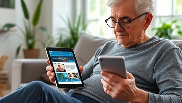 An elderly individual using the SilverFit App on a tablet, tracking their daily fitness activities, connecting with friends for virtual workouts, and accessing personalized workout recommendations, set against a cozy living room backdrop with plants and natural light, showcasing the app's user-friendly features for seniors.