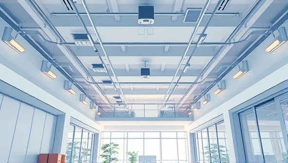 An illustration of a smart building interior with automated lighting, climate control, and security systems, showcasing the seamless integration of IoT devices and intelligent technologies for a connected and efficient living or working environment.