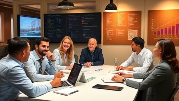 A collaborative franchise development session with franchisors and consultants brainstorming growth strategies, analyzing market trends, and reviewing franchise performance data, symbolizing the consultancy's commitment to driving successful franchise expansions and partnerships.