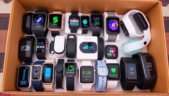 A collection of health tech wearable devices neatly displayed in a rental box, featuring a variety of devices like fitness trackers, smartwatches, and health monitors with vibrant displays and sleek designs, highlighting the diversity of options available for rent.
