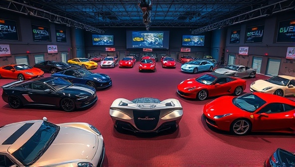 An immersive virtual auction room showcasing a variety of luxury and classic cars up for bidding, with real-time updates on bids and a dynamic interface that captures the excitement and thrill of online car auctions.