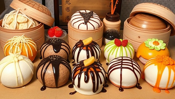 An enticing display of dessert bao buns in a variety of flavors and colors, garnished with artistic drizzles, sauces, and toppings, set against a backdrop of decorative bamboo steamers and Asian-inspired decor, conveying a sense of fusion and creativity in dessert innovation.