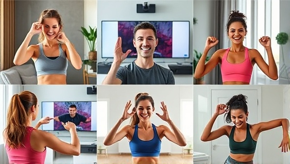 A dynamic collage showing a virtual fitness coach leading an energetic workout session via video call, with participants from different locations joining in, conveying inclusivity, motivation, and technological integration.