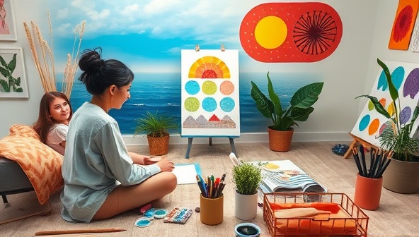 A therapeutic art session in progress with a client engaging in creative expression, surrounded by colorful art supplies, calming visuals, and a supportive art therapist guiding the process in a virtual studio environment that promotes healing and self-discovery.