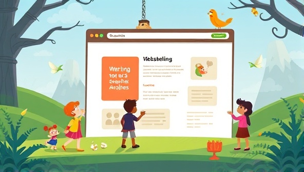 An artistic depiction of a web page with animated characters and interactive elements, illustrating the concept of storytelling through web design in a visually captivating manner.
