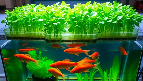 A vibrant aquaponic setup with lush green microgreens growing above a tank of colorful fish, showcasing the symbiotic relationship and eco-friendly aspect of the farming process.