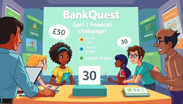An animated scene of diverse characters engaging in a virtual financial challenge within the BankQuest platform, showcasing colorful graphics, interactive elements, and a competitive yet educational atmosphere, highlighting the gamified approach to financial learning.