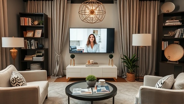 An elegant virtual design studio setup with a designer interacting with a client via video call, surrounded by fabric swatches, paint samples, and design magazines, creating a virtual design experience that is both personal and inspiring.
