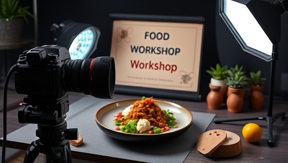 A virtual workshop setup with a camera, food props, and a beautifully plated dish as the focal point, surrounded by creative lighting and styling elements, illustrating the art of food photography and content creation in an online learning environment.