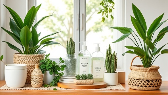 An eco-friendly home setting with reusable products, natural cleaning supplies, and plant-based decor items arranged in a stylish and inviting space, promoting a sustainable lifestyle and conscious living.