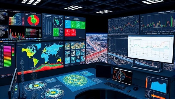 A control room visualization displaying a city's smart grid operations in real-time, with data streams, energy flow diagrams, and predictive analytics charts, illustrating the software's intelligent grid optimization capabilities and efficiency gains.