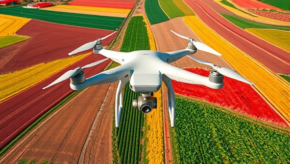 An aerial view captured by a drone showing a patchwork of colorful crop fields below, with the drone in the frame, highlighting the advanced technology used for precision agriculture consultations.