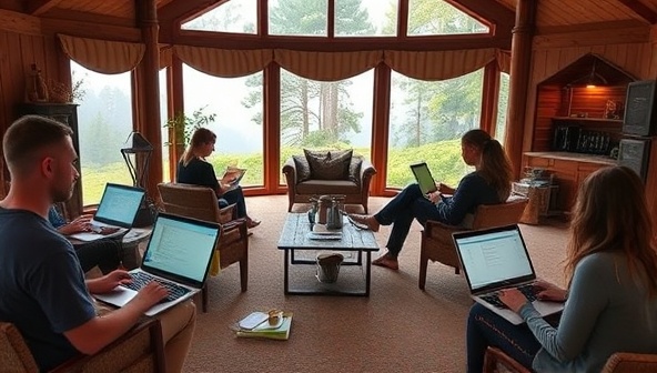 A serene virtual retreat setting with multiple writers engaged in creative writing sessions on their laptops, surrounded by nature-inspired backgrounds, cozy writing nooks, and virtual group workshops, fostering a sense of community, focus, and inspiration for writing enthusiasts seeking a tranquil and immersive retreat experience.