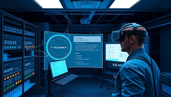 An immersive VR training simulation showing a telecom technician troubleshooting network issues in a virtual environment, with interactive tools and guidance prompts, highlighting the hands-on learning experience provided by TeleVR Learning for telecom professionals seeking advanced training methods.